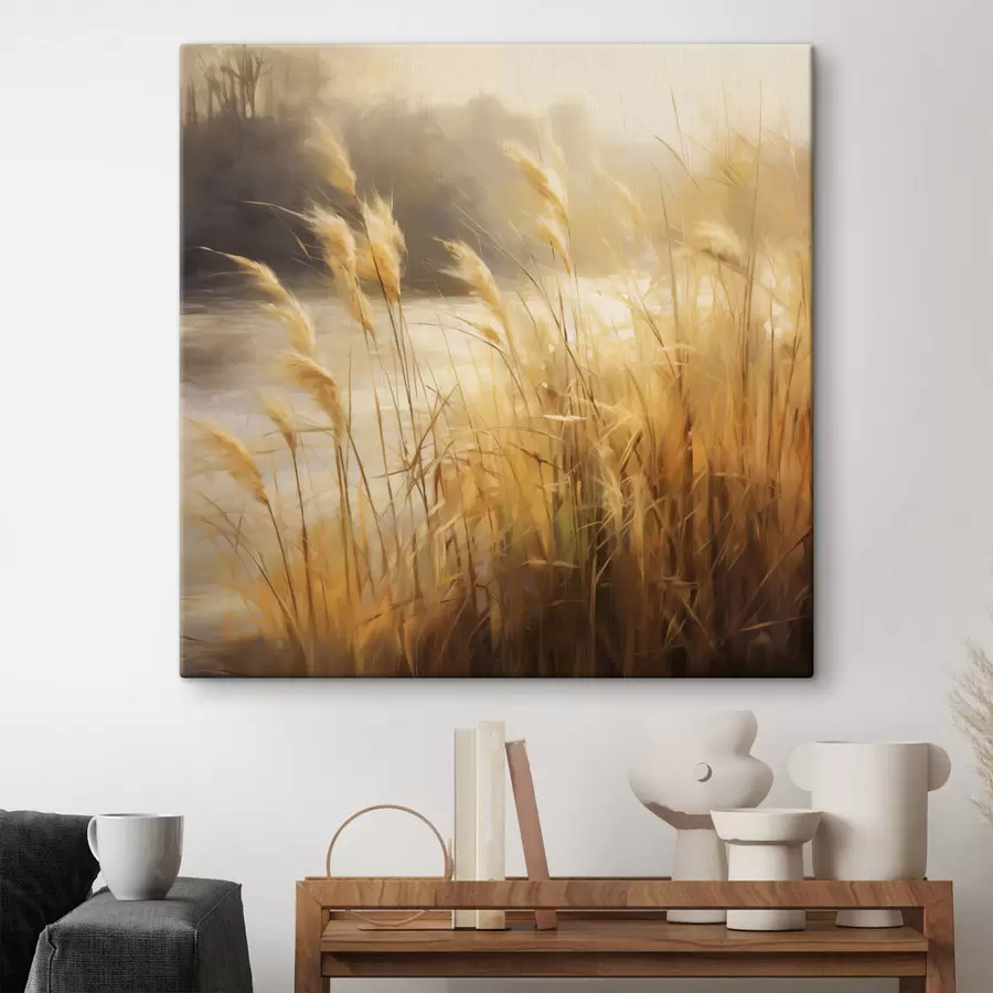 Obraz Na pierwszym planie wysoka, wyschnięta trawa z kłoskami, a w tle jezioro i drzewa s48394