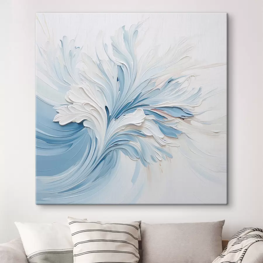 Obraz Biało-jasnoniebieski abstrakcyjny wzór kwiatowy z teksturowanymi płatkami i wijącymi się liniami s48395