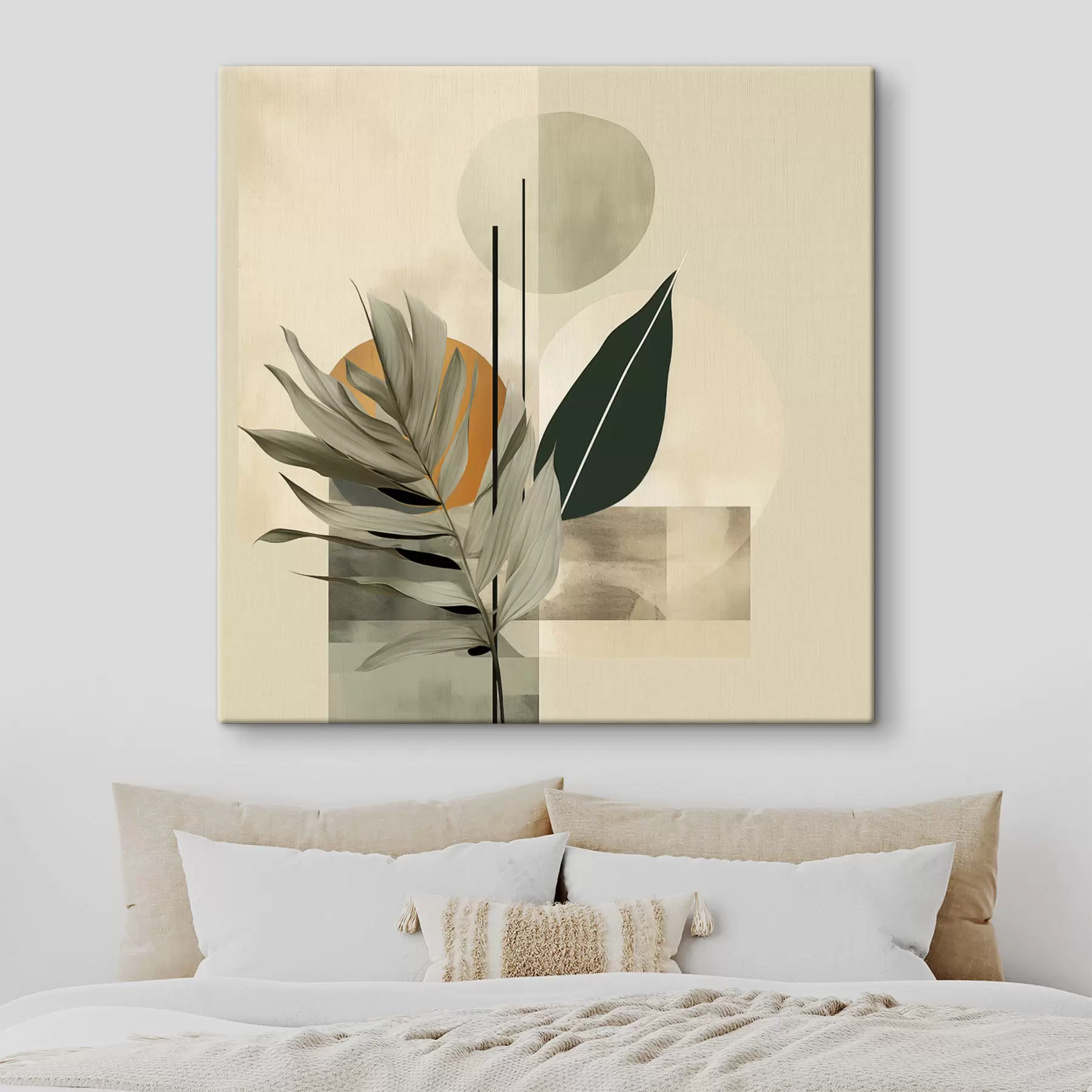 Obraz Ciemnozielona roślina z abstrakcyjnymi geometrycznymi kształtami i akwarelowymi fakturami w odcieniach beżu i zieleni s48410