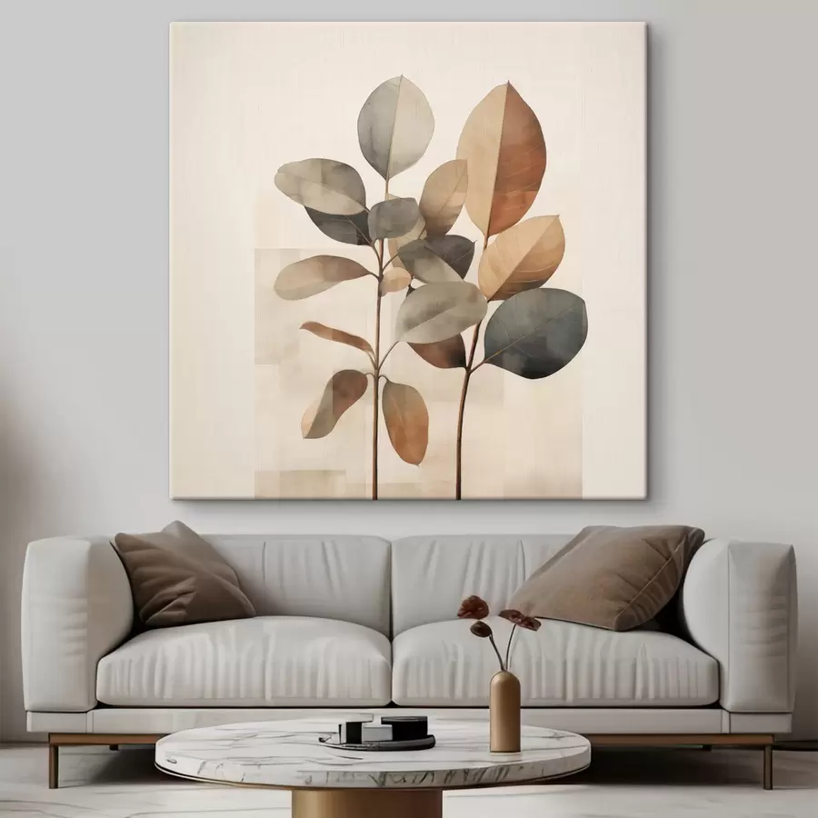 Obraz Wysokie rośliny o owalnych liściach w stonowanych barwach z abstrakcyjnymi prostokątnymi wzorami s48413