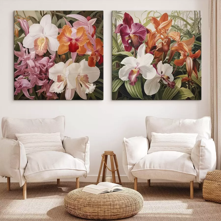 Obraz Bukiet tropikalnych kwiatów, orchidee na tle zielonej roślinności m30197