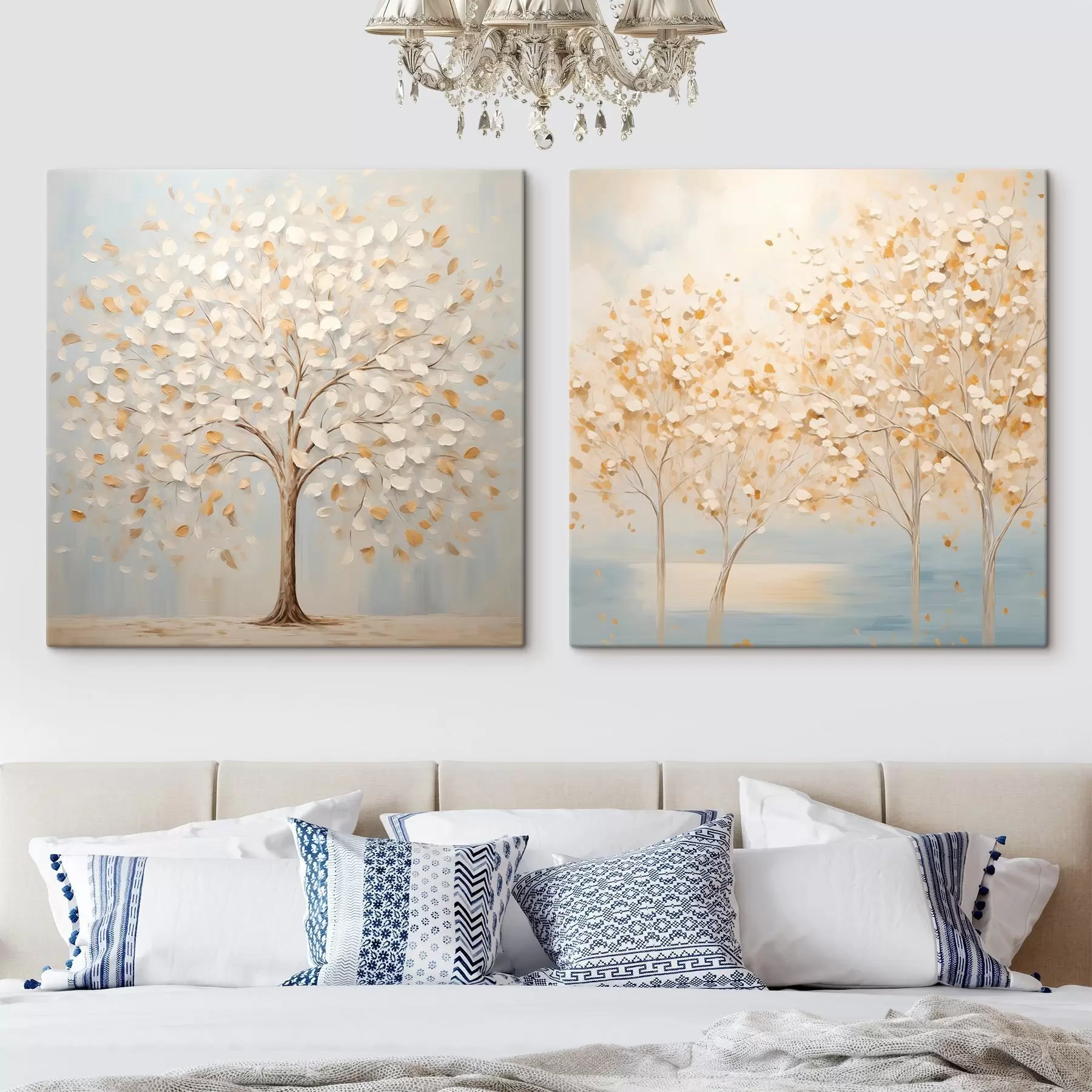 Obraz Obraz przedstawiający drzewa o fakturalnym wyglądzie, z białymi i żółtymi liśćmi na jasnoniebieskim tle m30200