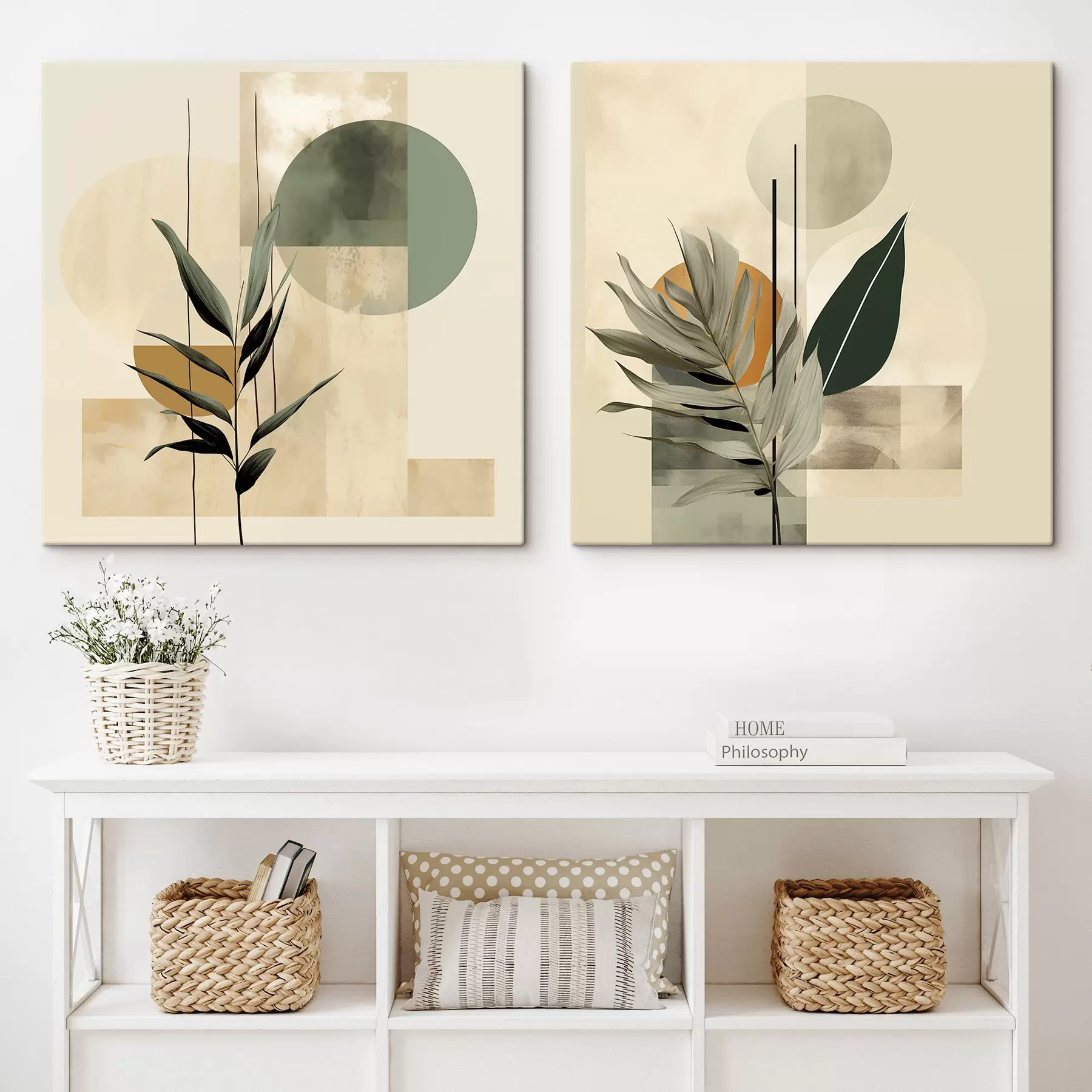 Obraz Ciemnozielona roślina z abstrakcyjnymi geometrycznymi kształtami i akwarelowymi fakturami w odcieniach beżu i zieleni m30209