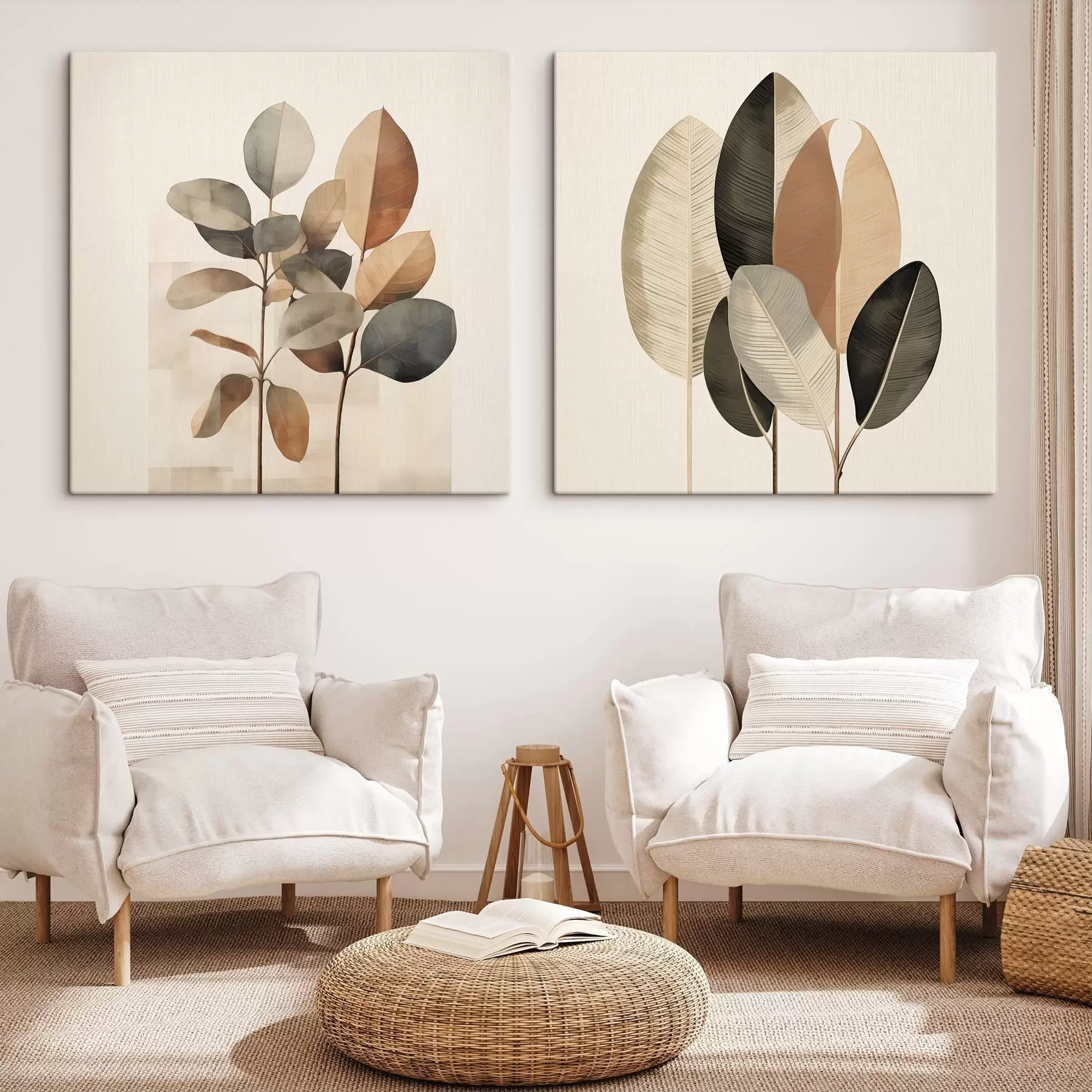 Obraz Wysokie rośliny o owalnych liściach w stonowanych barwach z abstrakcyjnymi prostokątnymi wzorami m30211