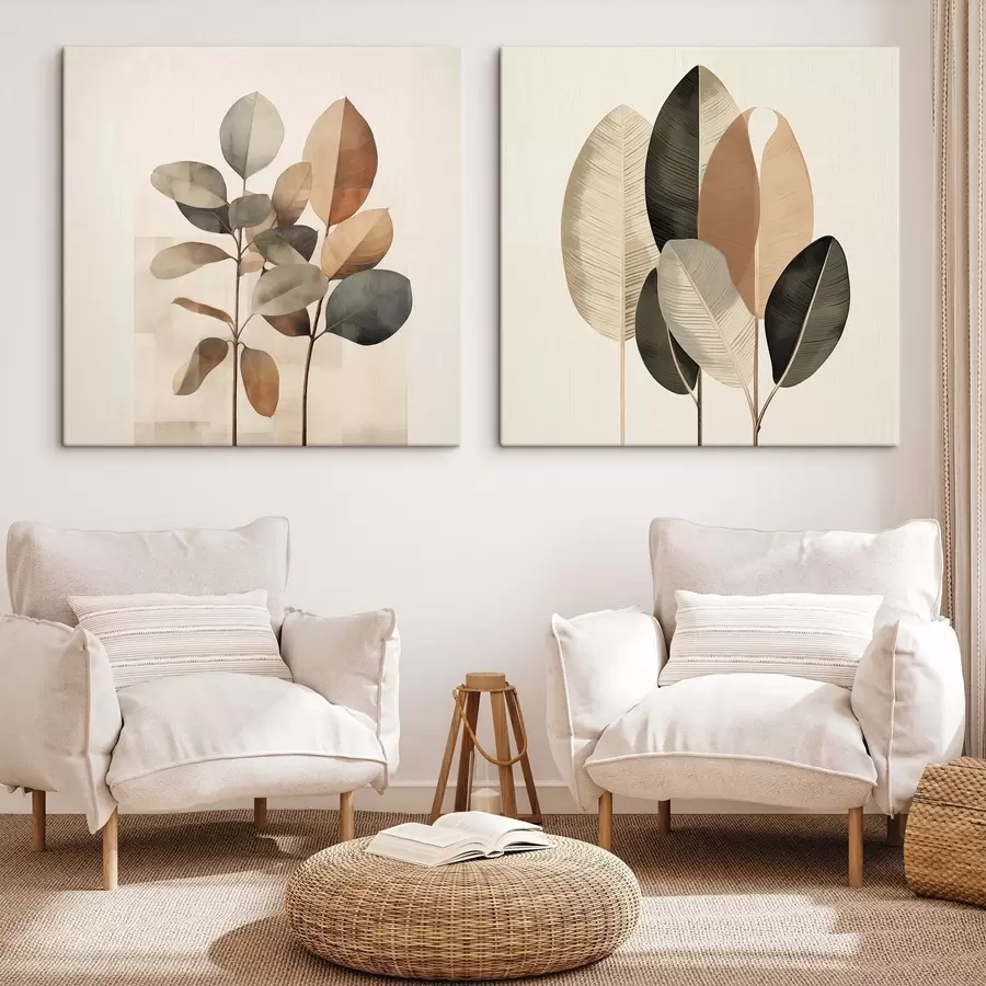 Fototapeta Wysokie rośliny o owalnych liściach w stonowanych barwach z abstrakcyjnymi prostokątnymi wzorami m30211