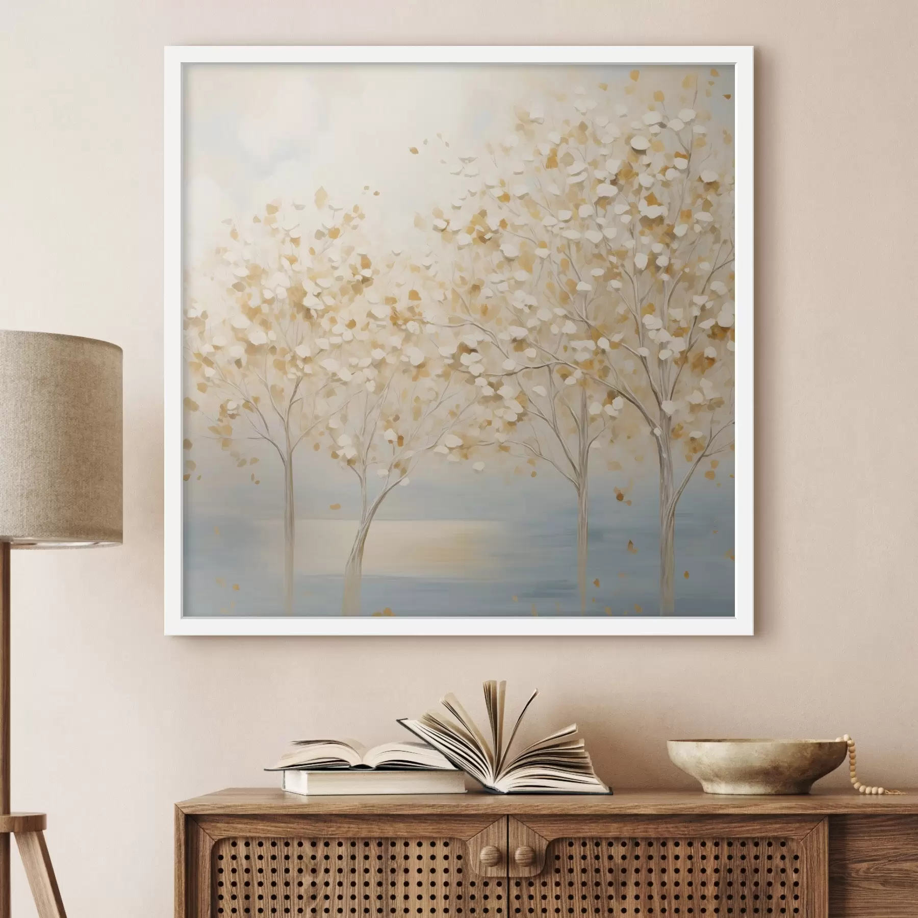 Fototapeta Obraz przedstawiający drzewa o fakturalnym wyglądzie, z białymi i żółtymi liśćmi na jasnoniebieskim tle f48392