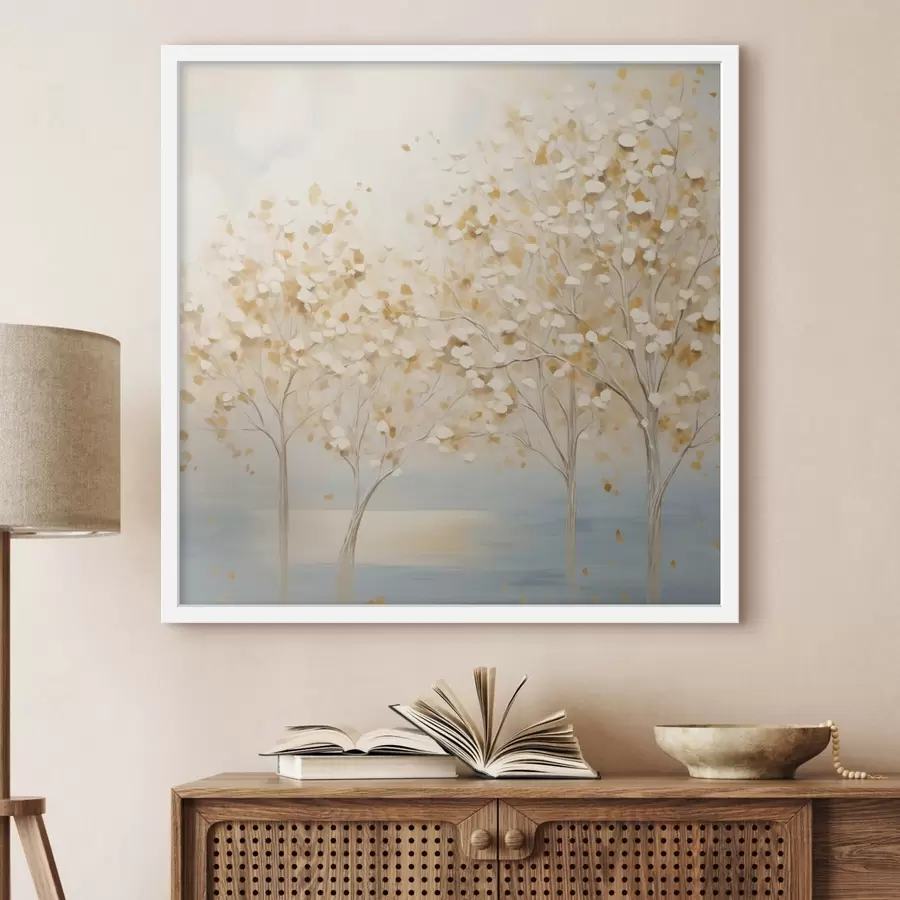 Fototapeta Obraz przedstawiający drzewa o fakturalnym wyglądzie, z białymi i żółtymi liśćmi na jasnoniebieskim tle f48392