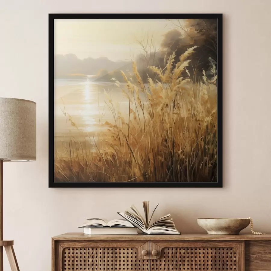 Fototapeta Na pierwszym planie wysoka, wyschnięta trawa z kłoskami, a w tle jezioro i drzewa f48393