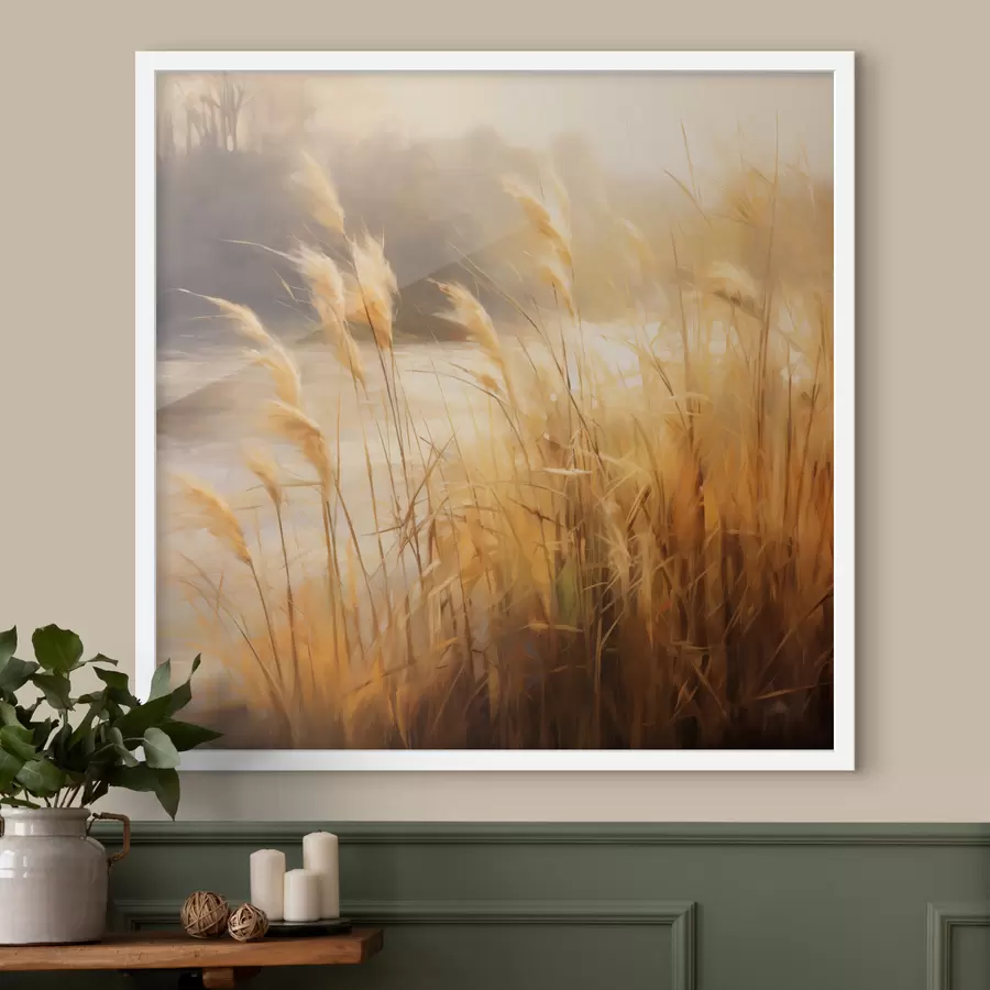 Fototapeta Na pierwszym planie wysoka, wyschnięta trawa z kłoskami, a w tle jezioro i drzewa f48394