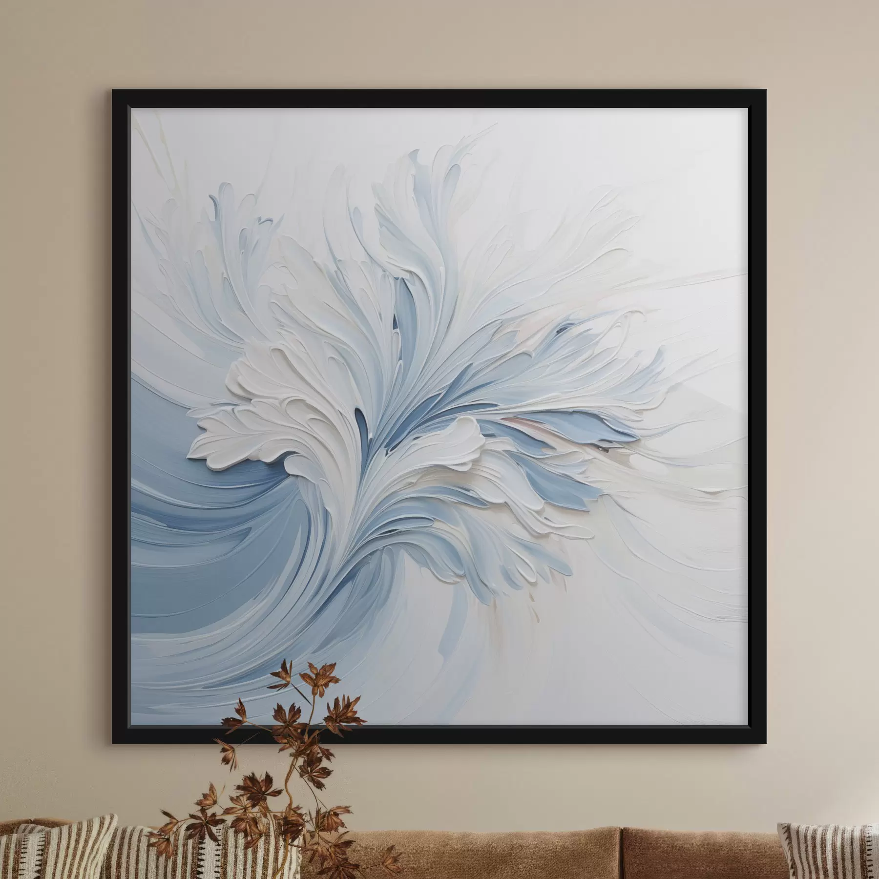 Fototapeta Biało-jasnoniebieski abstrakcyjny wzór kwiatowy z teksturowanymi płatkami i wijącymi się liniami f48395