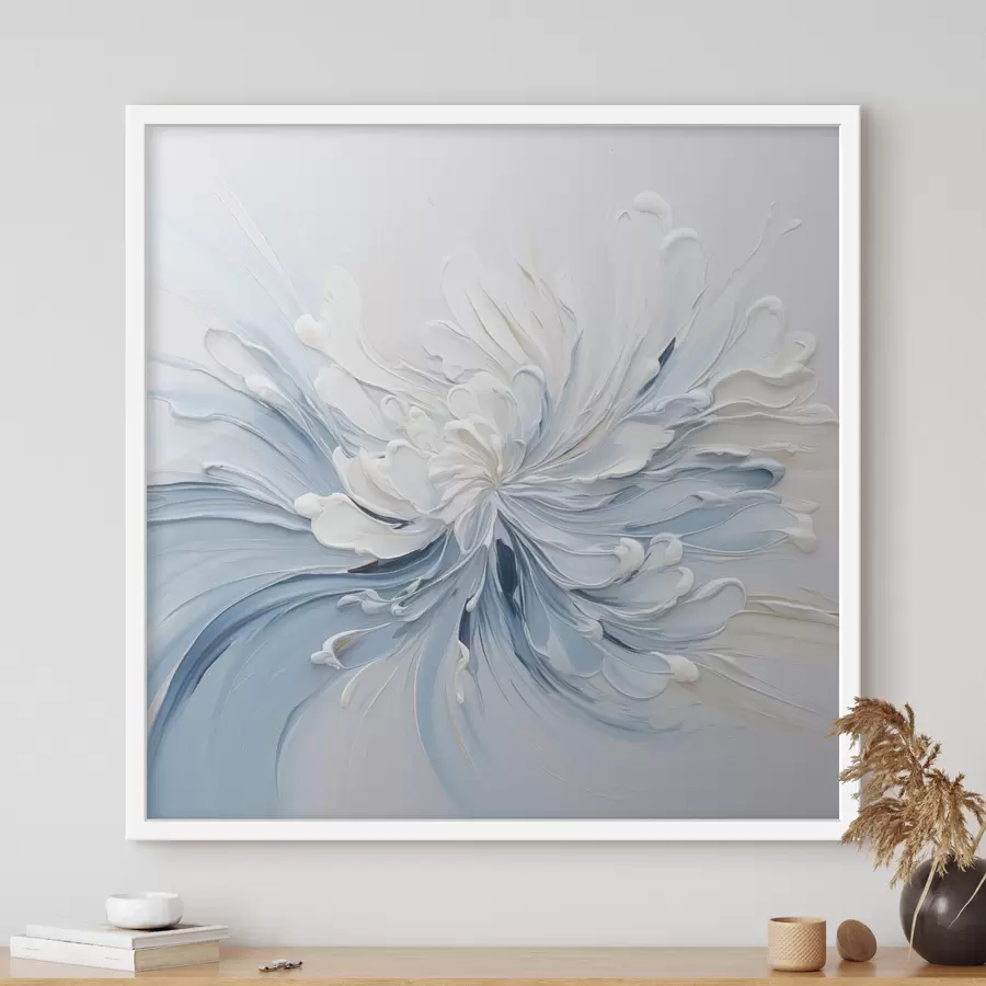 Fototapeta Biało-jasnoniebieski abstrakcyjny wzór kwiatowy z teksturowanymi płatkami i wijącymi się liniami f48396