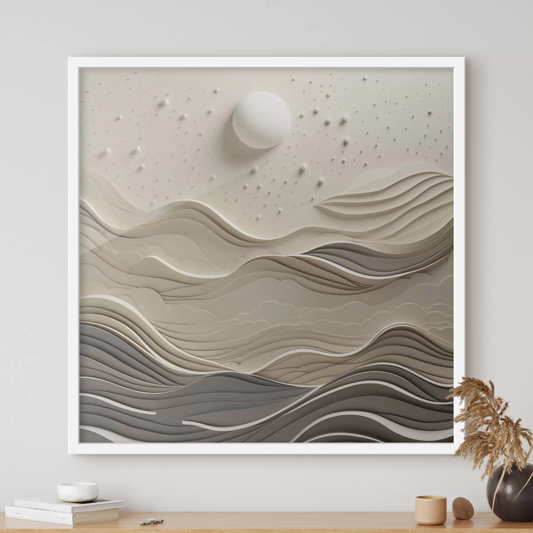 Fototapeta Minimalistyczny, stylizowany pejzaż z falistymi wzgórzami i wielkim księżycem na gwiaździstym niebie; sztuka abstrakcyjna f48402