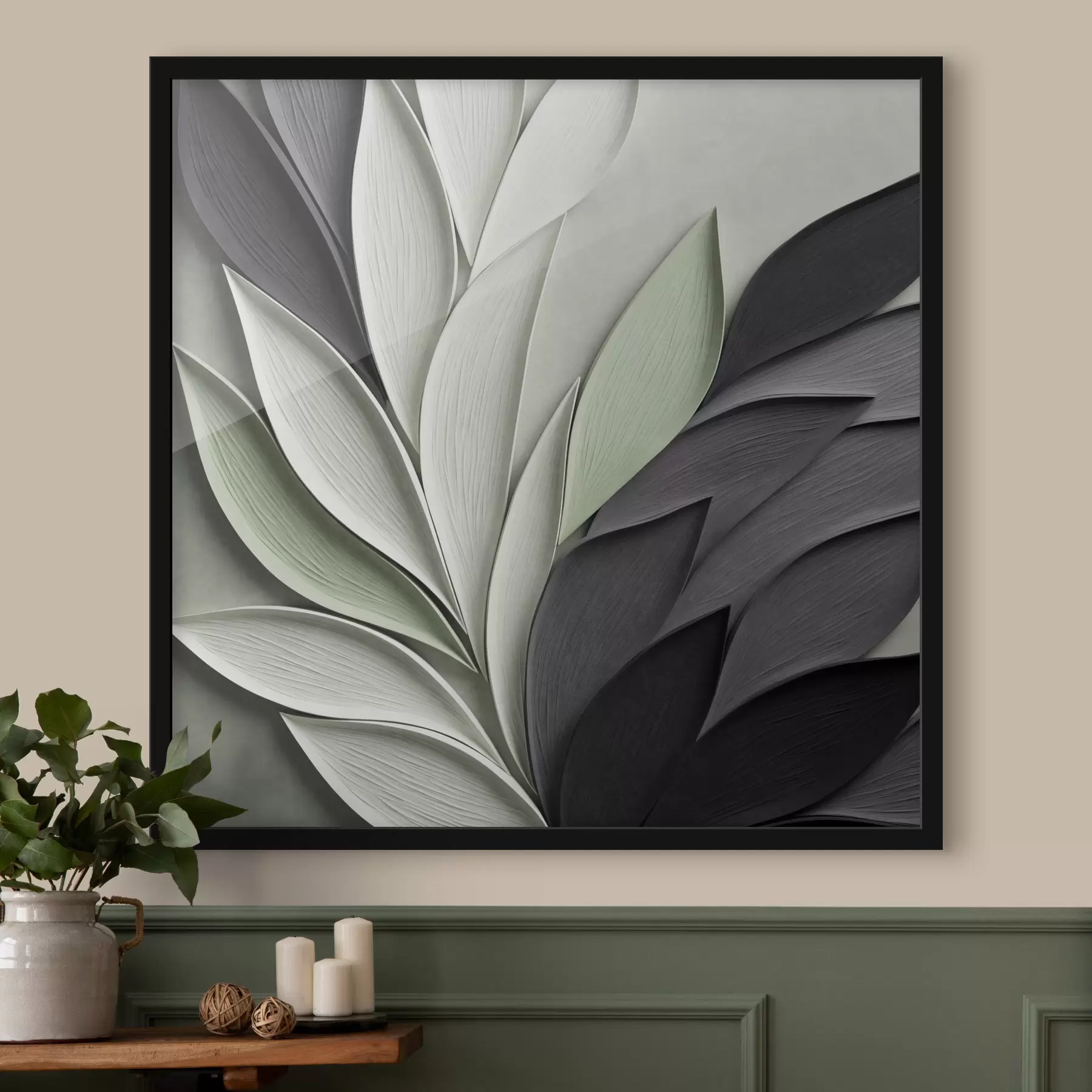 Fototapeta Stylizowane liście w odcieniach szarości, bieli i stonowanej zieleni f48411