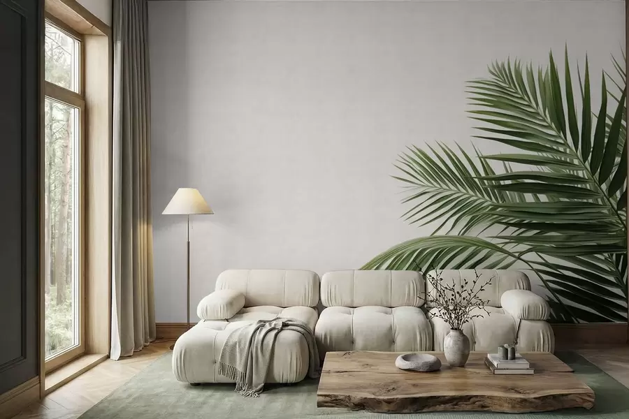 Fototapeta Zielone liście palmowe na jasnym tle w05391