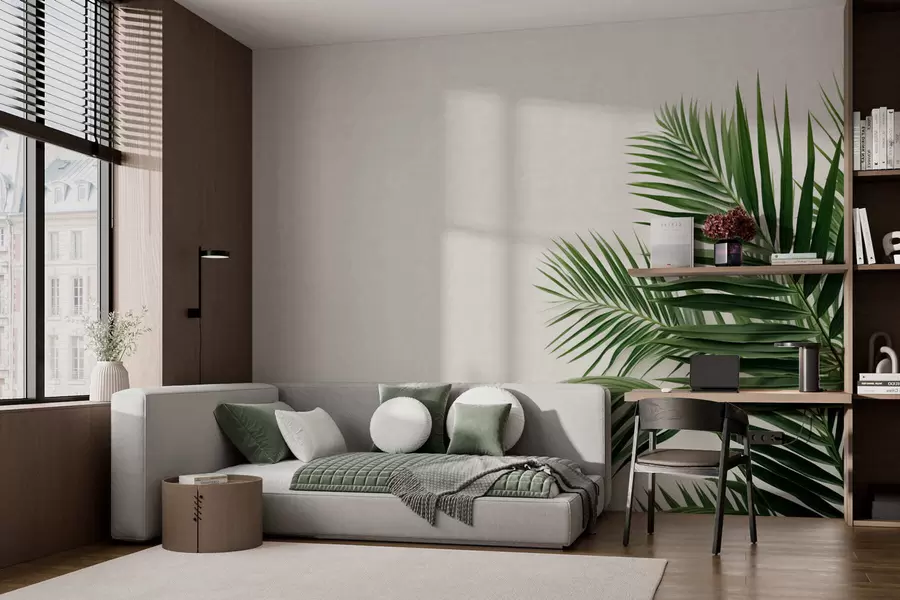 Fototapeta Zielone liście palmowe na jasnym tle w05391