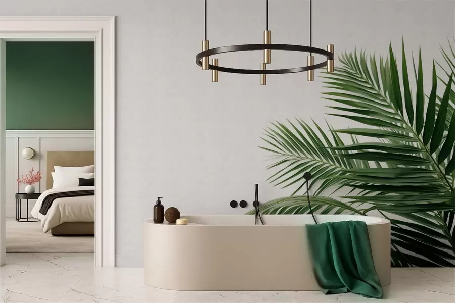 Fototapeta Zielone liście palmowe na jasnym tle w05391