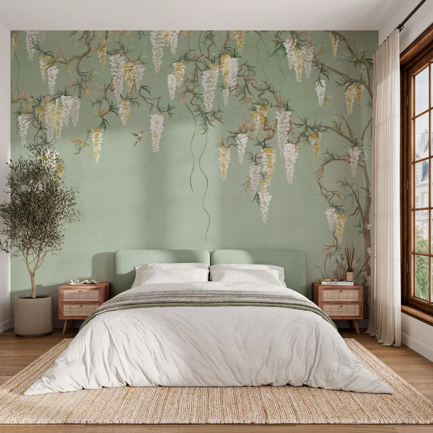 Fototapeta Kwitnące gałęzie z białymi kwiatami i ptakami na zielonym tle w05394