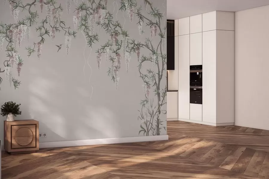 Fototapeta Kwitnące gałęzie z różowymi kwiatami i ptakami w05394v1