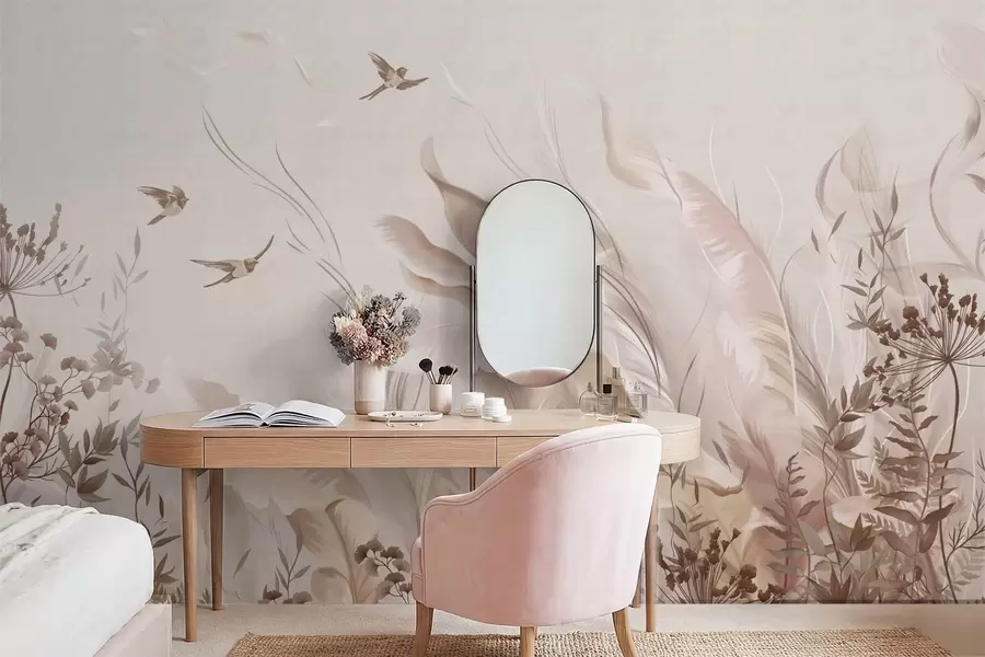 Fototapeta Miękkie pióra, trawy i ptaki w jasnych odcieniach w05395