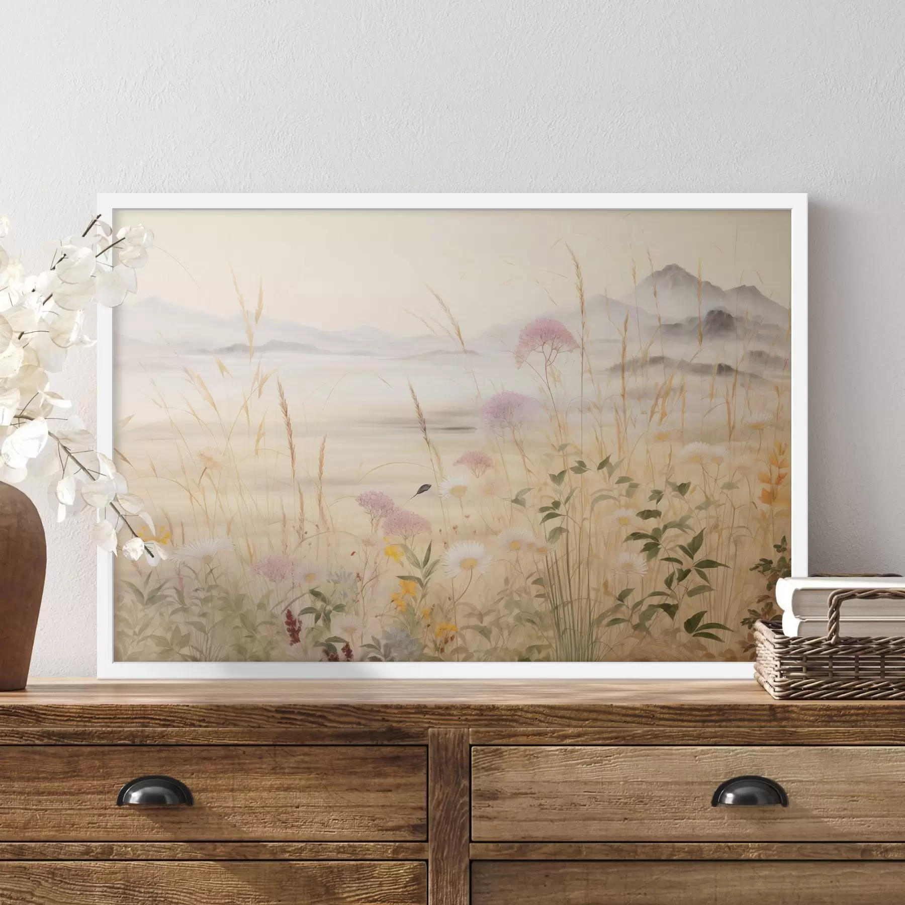 Fototapeta Beżowe pole kwiatów, trawy łąkowe, delikatny krajobraz f48480