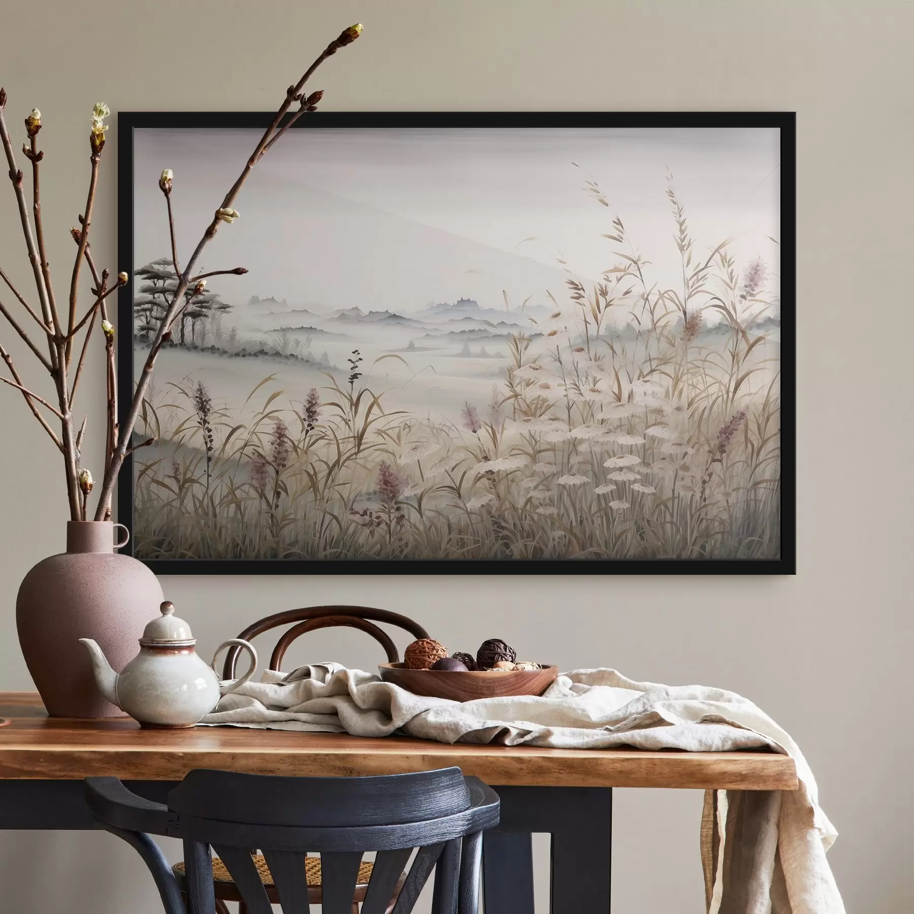 Fototapeta Mglisty krajobraz z trawami f48481