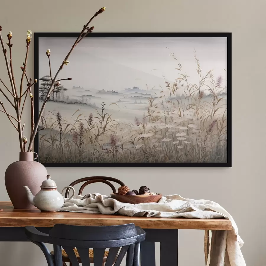 Fototapeta Mglisty krajobraz z trawami f48481