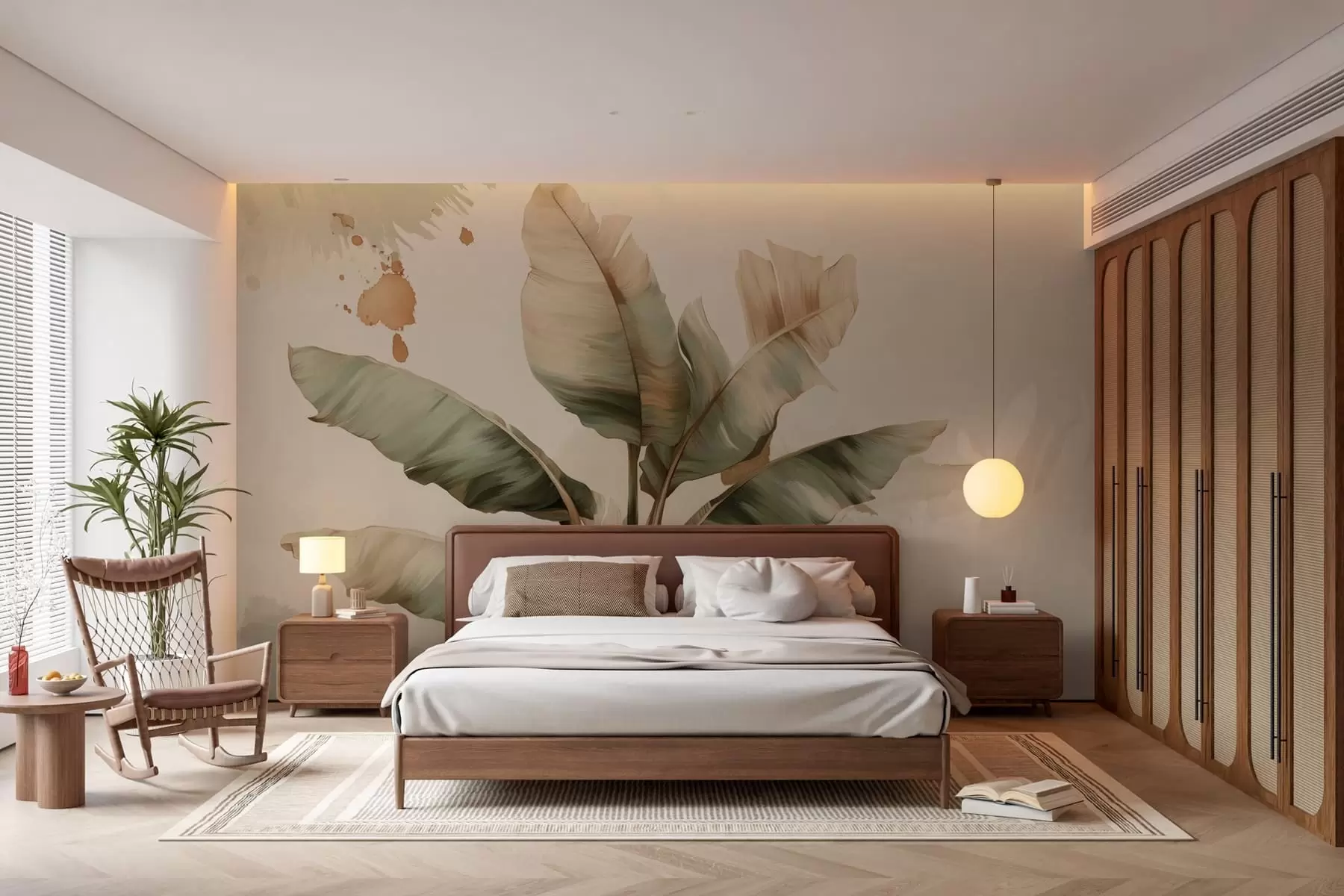 Fototapeta duża, malownicza kompozycja z liści bananowca z plamami w stylu retro  w05384