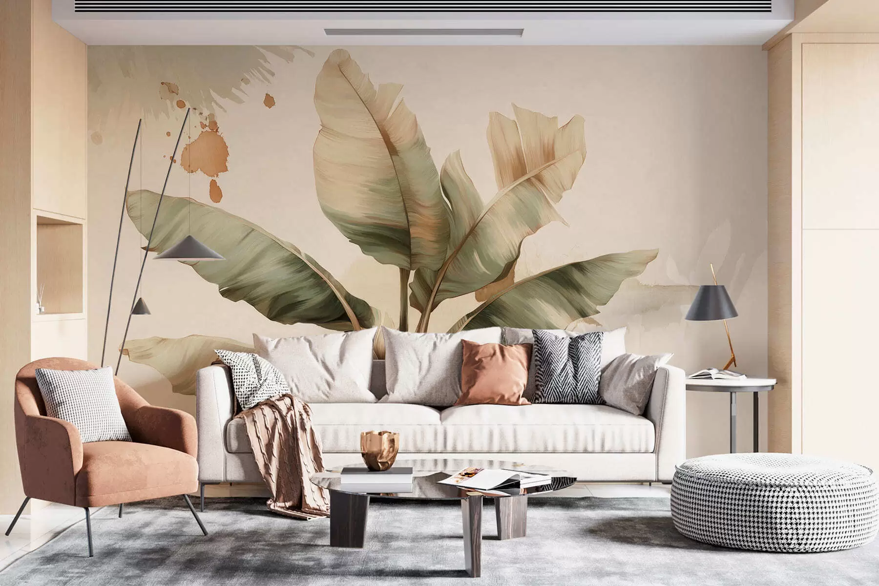 Fototapeta duża, malownicza kompozycja z liści bananowca z plamami w stylu retro  w05384