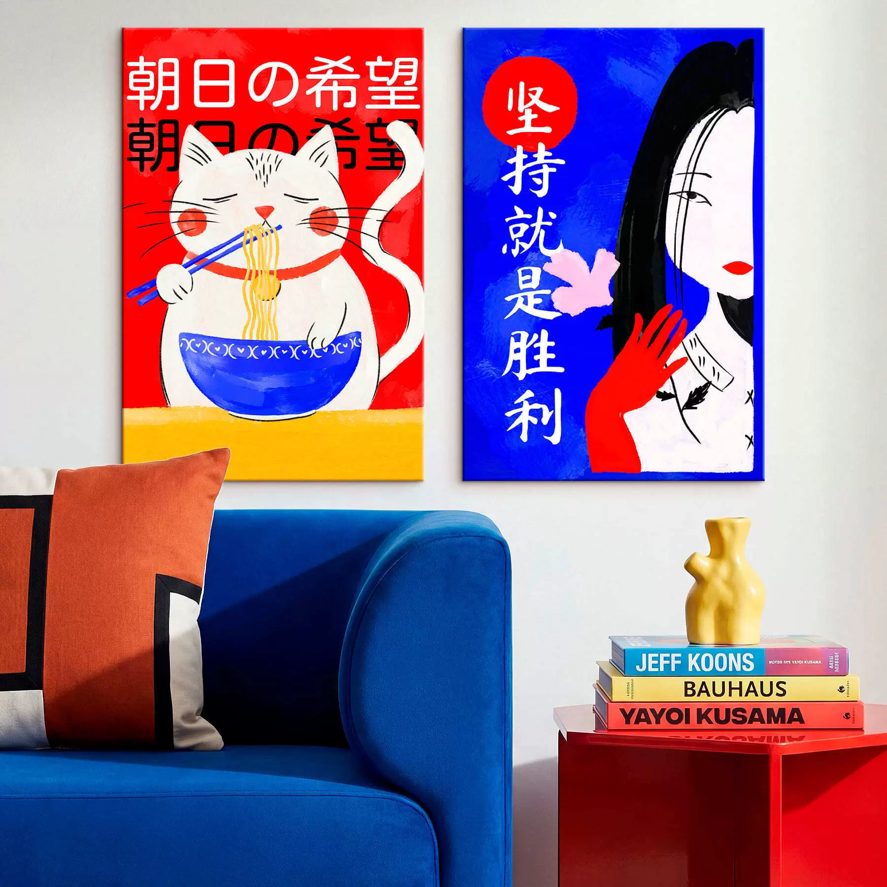 Obraz Dyptyk przedstawiający kota i portret kobiety w wyrazistym stylu m30233