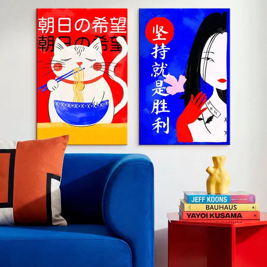 Obraz Dyptyk przedstawiający kota i portret kobiety w wyrazistym stylu m30233