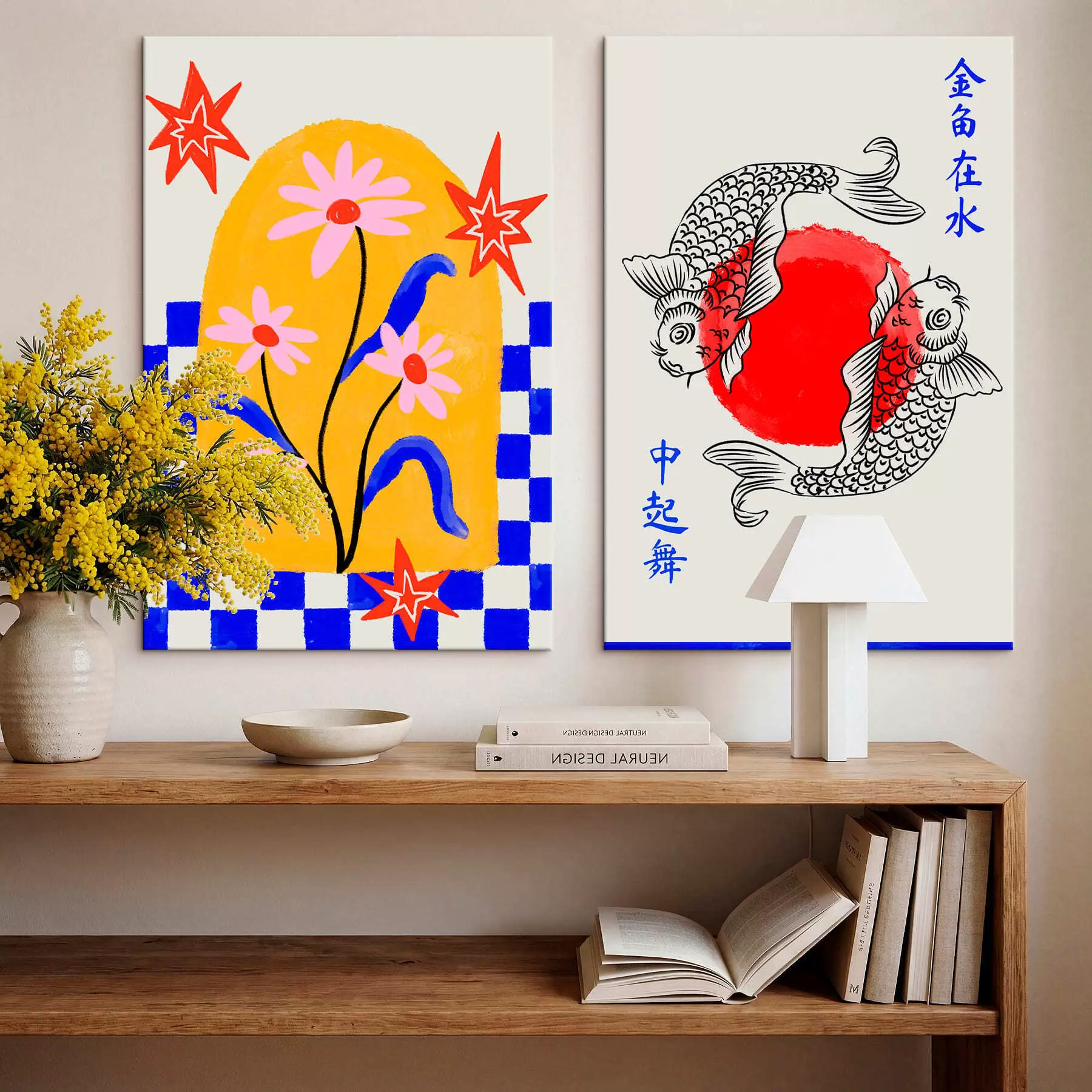 Obraz Dyptyk przedstawiający kota i dwie rybki w odcieniach czerwieni i bieli m30235