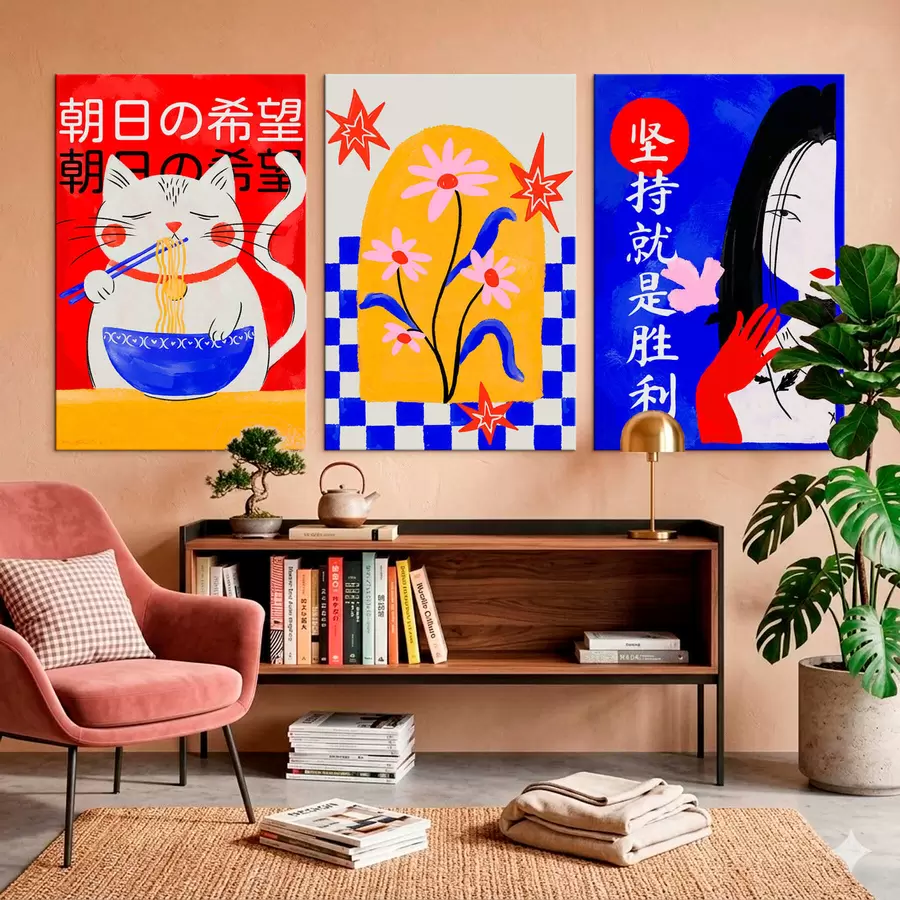 Obraz Tryptyk przedstawiający kota, rybę i portret kobiety m30240