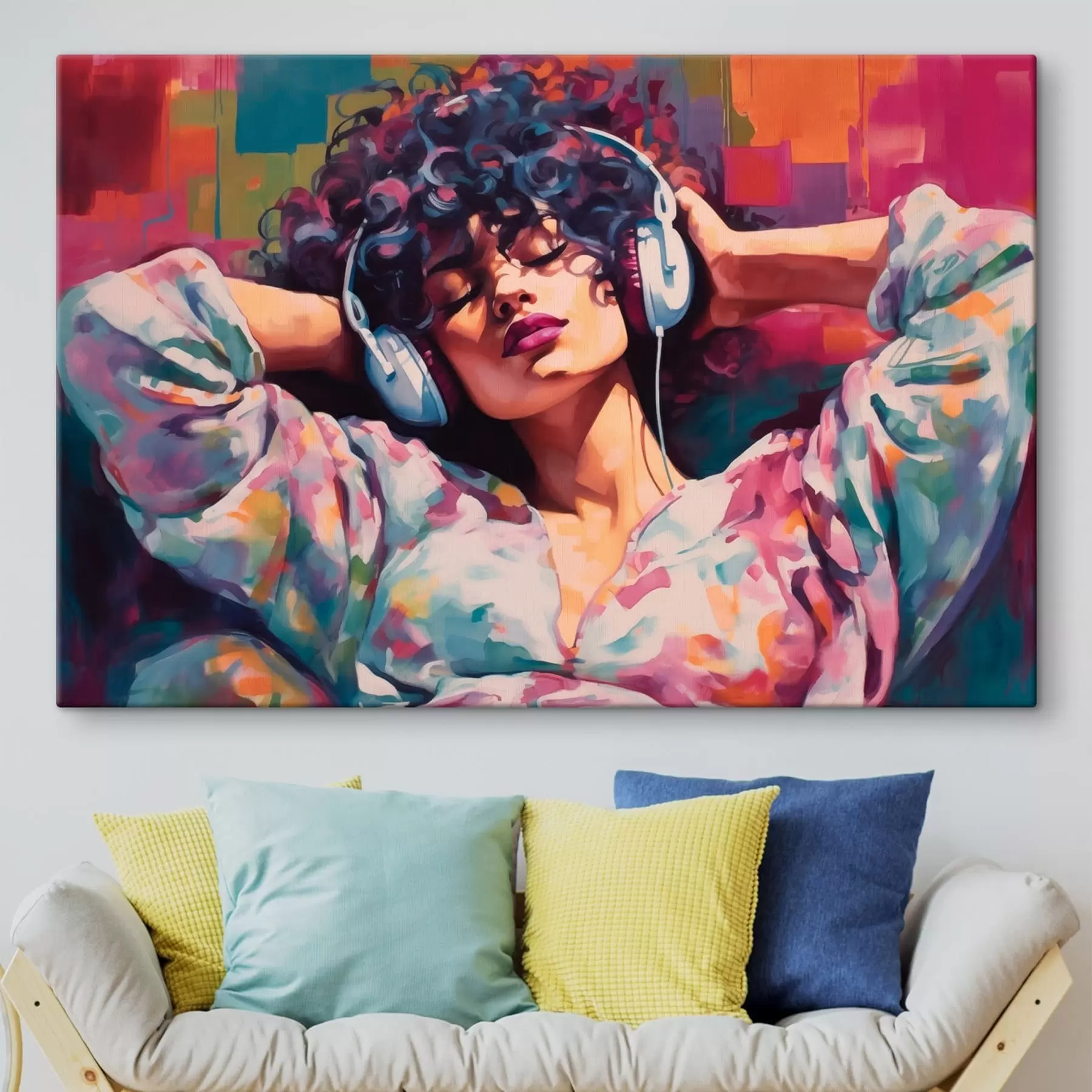 Obraz Kobieta w słuchawkach w stylu kolorowej malowidła s48335