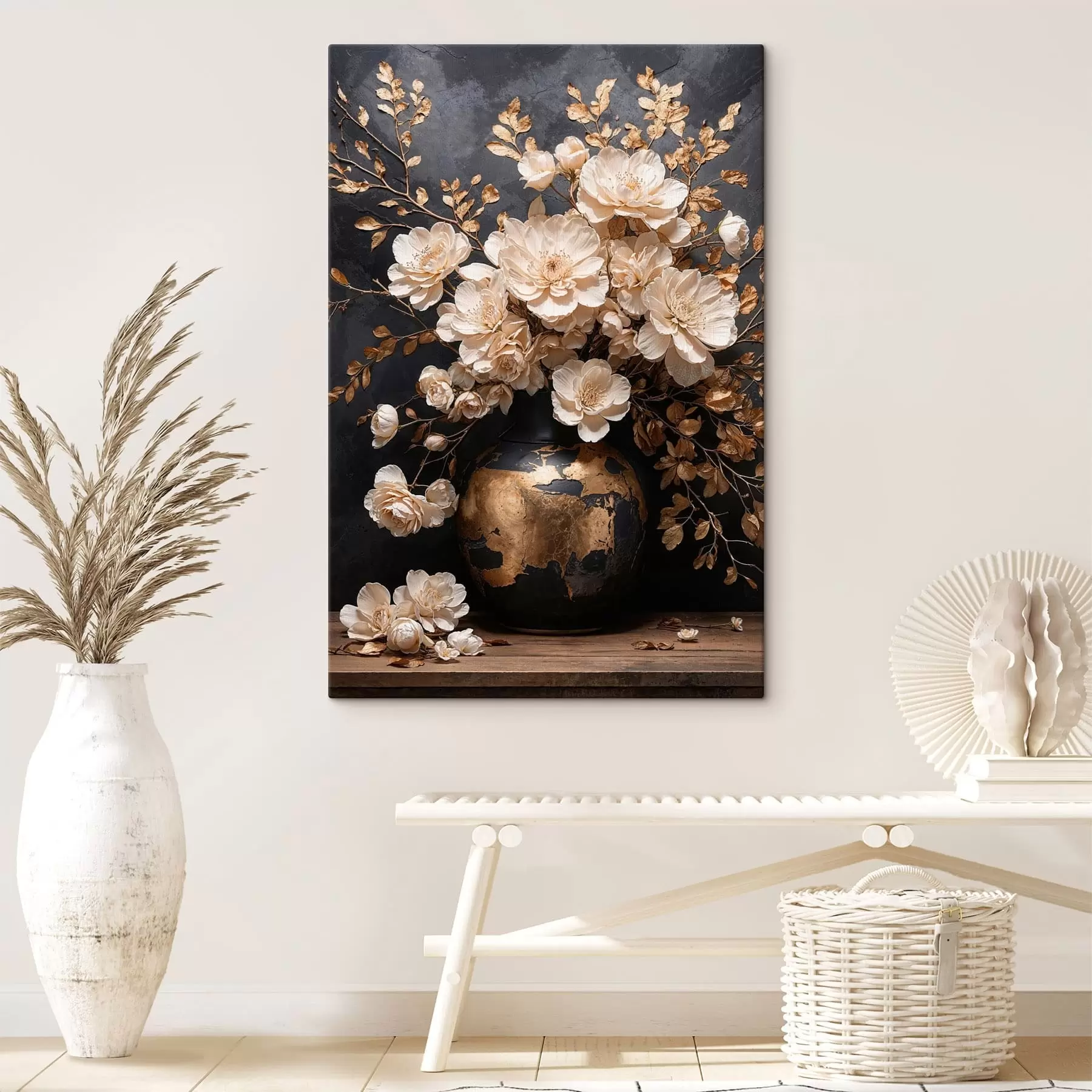 Obraz Jasne kwiaty w wazonie z ozdobnymi liśćmi s48356