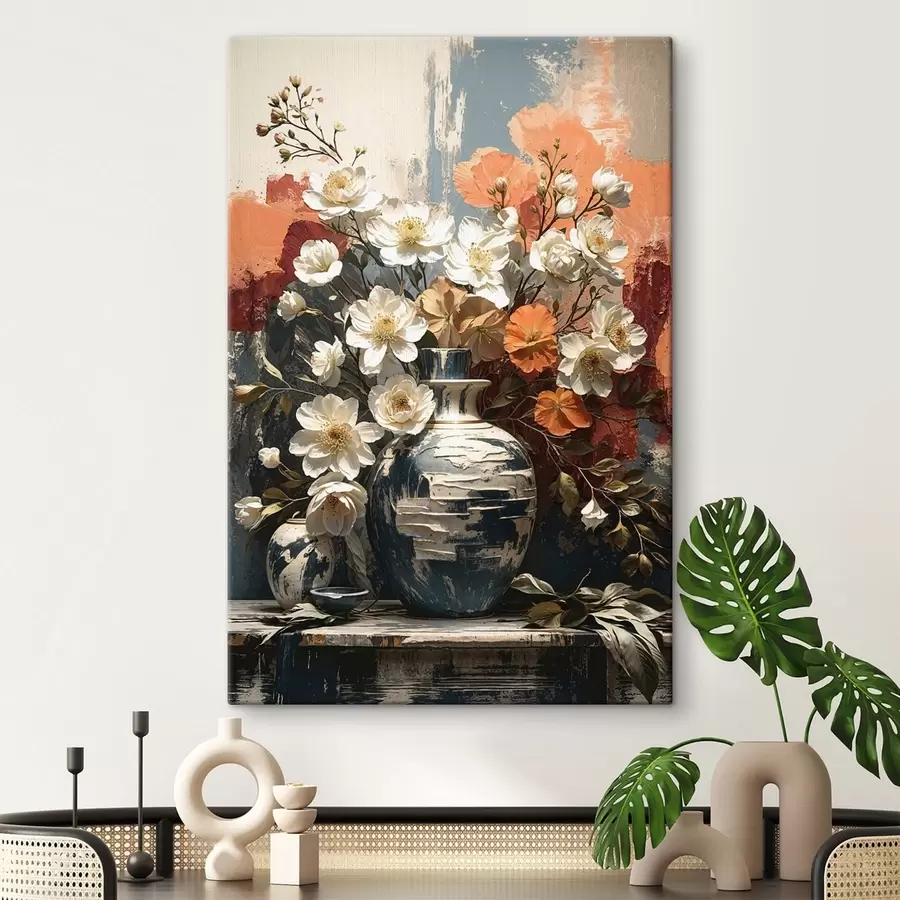 Obraz Kwiaty w wazonach na tle teksturowanej ściany s48360