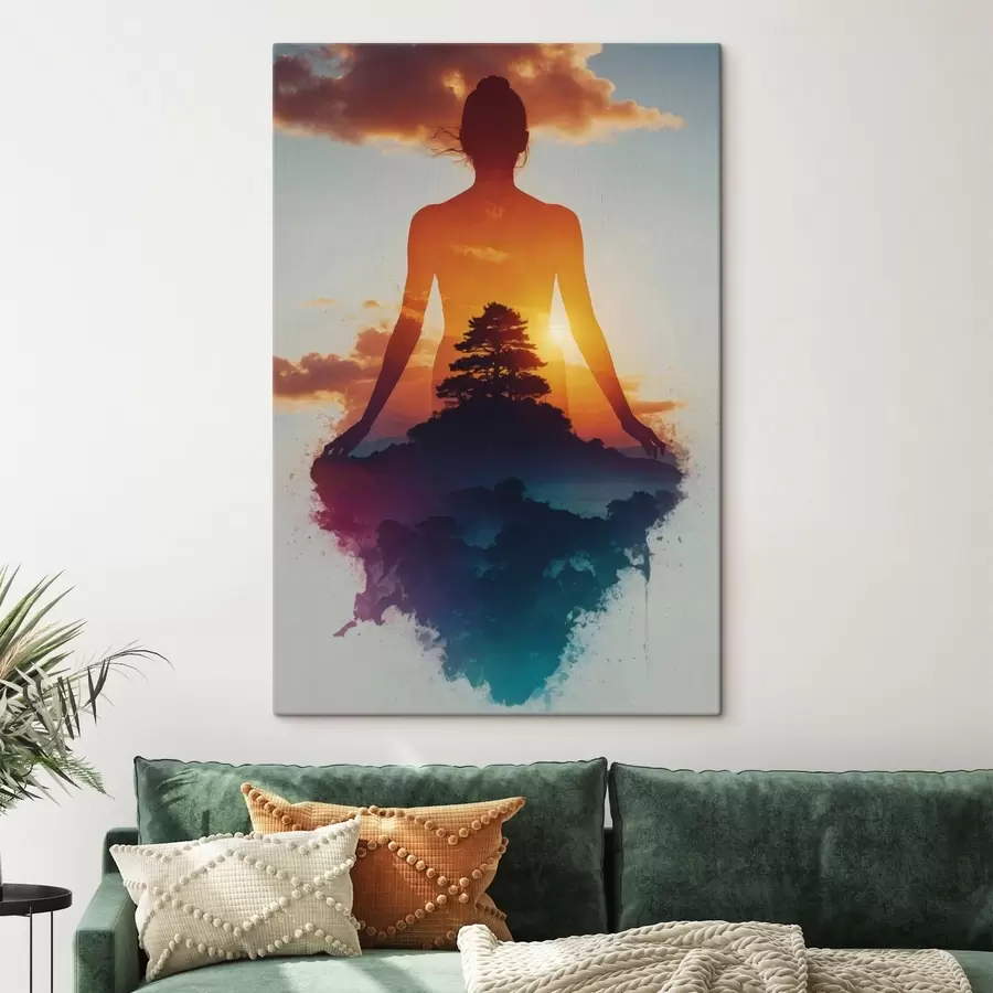 Obraz Sylwetka człowieka na tle krajobrazu o zachodzie słońca s48364