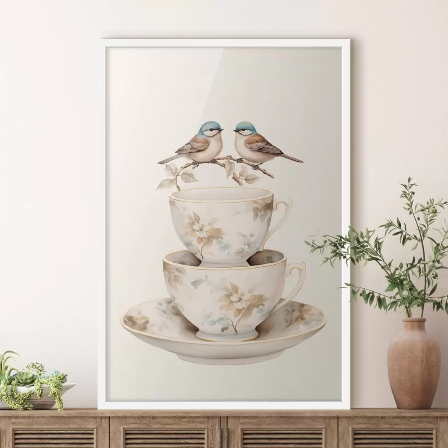 Fototapeta Dwa ptaki na gałęzi nad filiżankami f48347