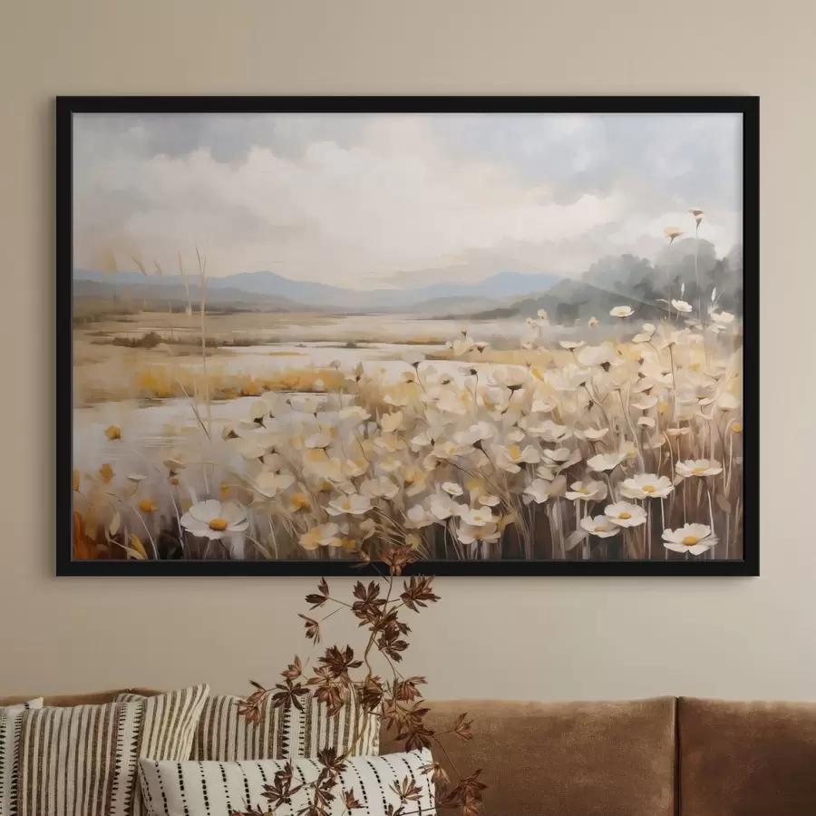 Fototapeta Kwiaty polne nad wodą w delikatnym, malarskim stylu f48354