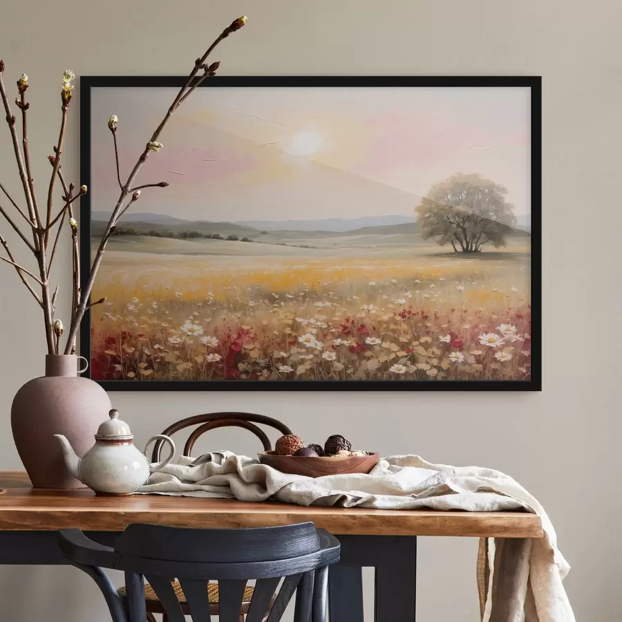 Fototapeta Krajobraz z polem kwiatów i drzewem na horyzoncie f48355