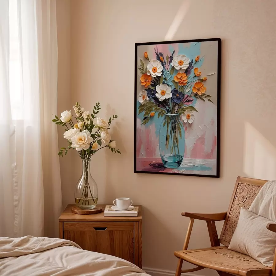 Fototapeta Bukiet kwiatów w szklanym wazonie na kolorowym tle f48488