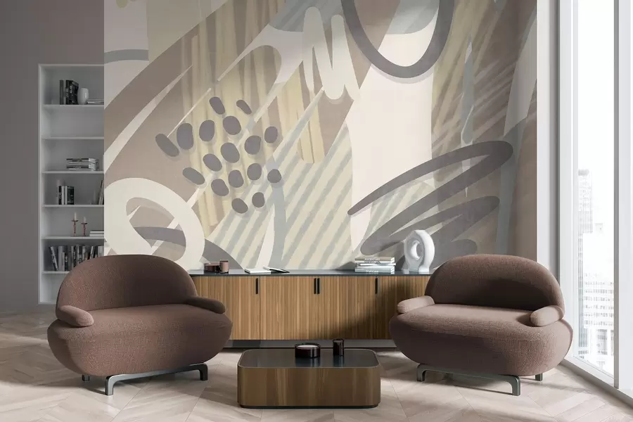 Fototapeta Abstrakcyjny wzór o fakturze, zawierający organiczne kształty, bazgroły i kropki w stonowanych pastelowych kolorach w09774