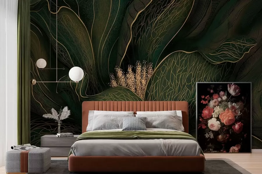 Fototapeta Ciemnozielony abstrakcyjny kwiat z delikatnymi liniowymi detalami w05119v1