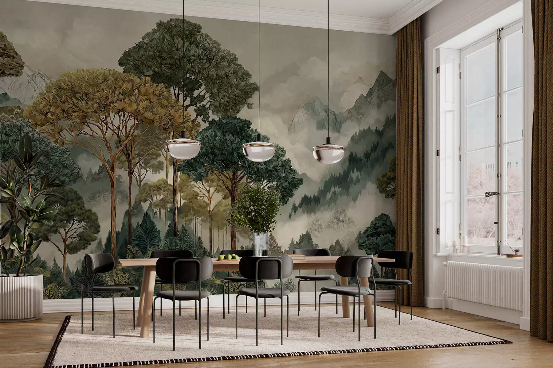 Fototapeta Las z wysokimi drzewami w zamglonych górach w05410