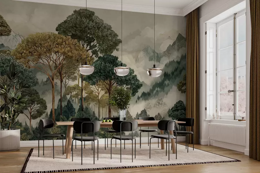 Fototapeta Las z wysokimi drzewami w zamglonych górach w05410