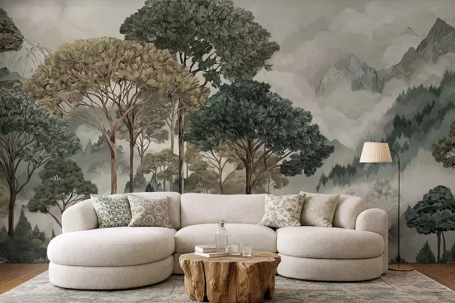 Fototapeta Górski krajobraz z lasem w delikatnych barwach w05410v1