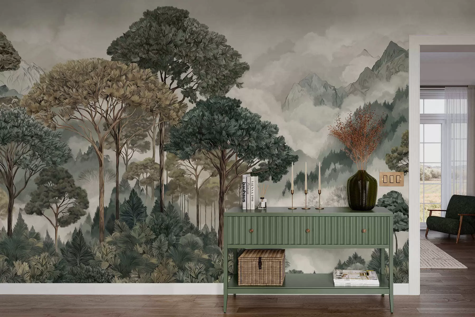 Fototapeta Górski krajobraz z lasem w delikatnych barwach w05410v1