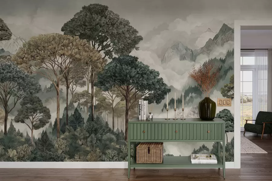 Fototapeta Górski krajobraz z lasem w delikatnych barwach w05410v1