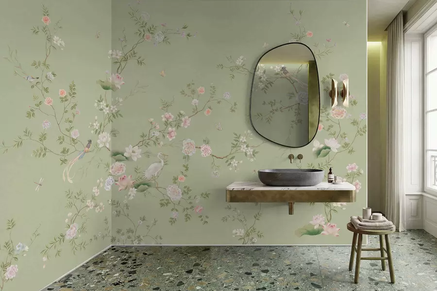 Fototapeta Kwitnące gałęzie z ptakami na jasnozielonym tle w05416