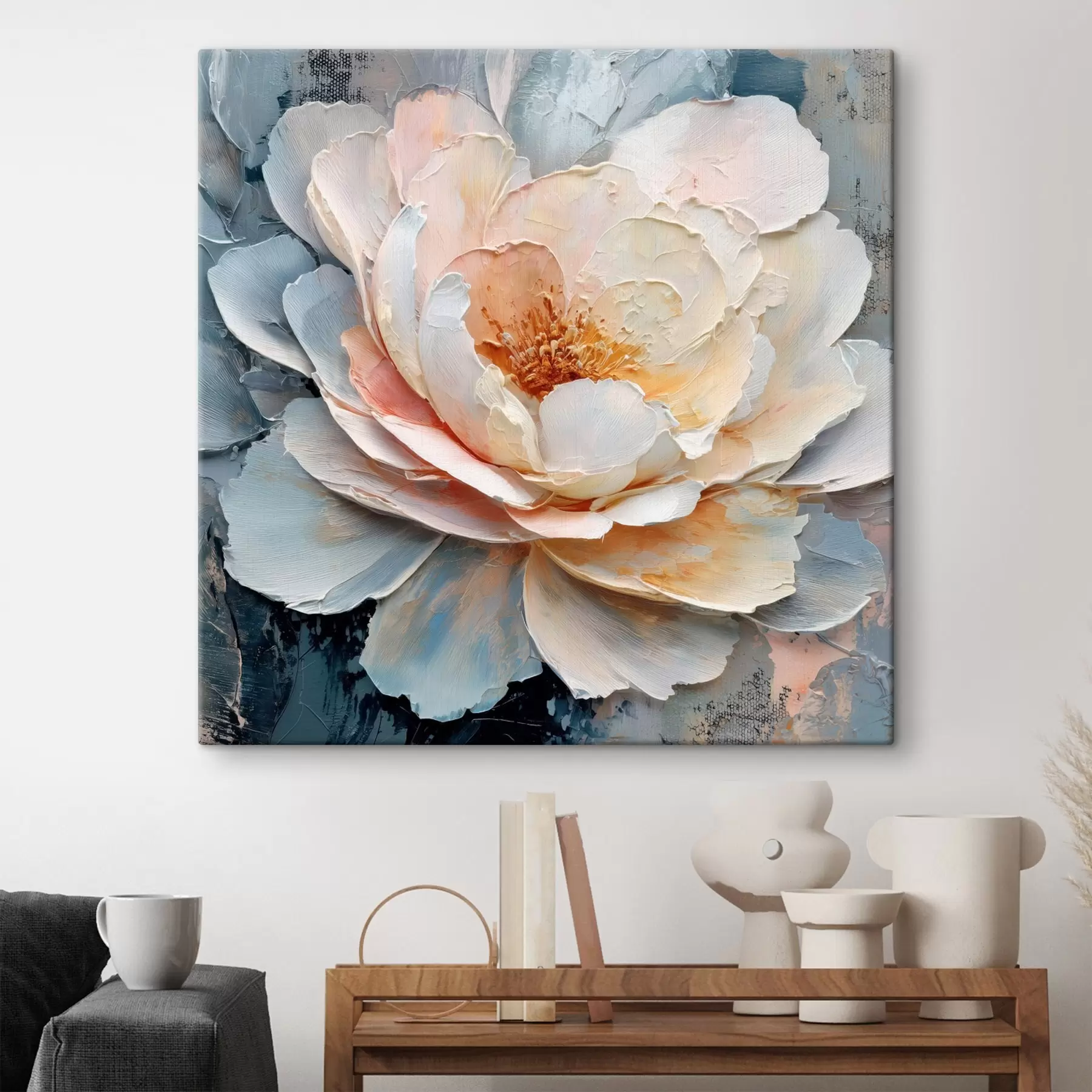 Obraz Zbliżenie na kwiat, namalowany ekspresyjnymi, fakturalnymi pociągnięciami pędzla w stylu malarstwa współczesnego s48198