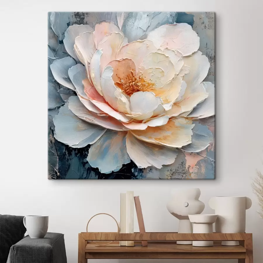 Obraz Zbliżenie na kwiat, namalowany ekspresyjnymi, fakturalnymi pociągnięciami pędzla w stylu malarstwa współczesnego s48198